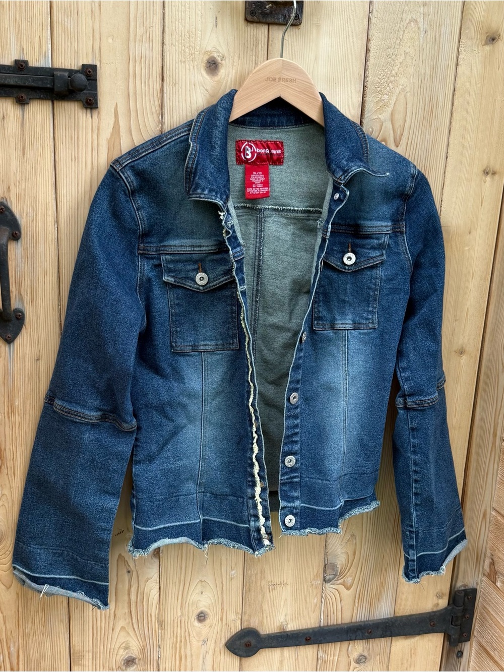 Vintage Y2K Bong Jean Jacket with Distressed  Hem Flared Sleeves Size XL